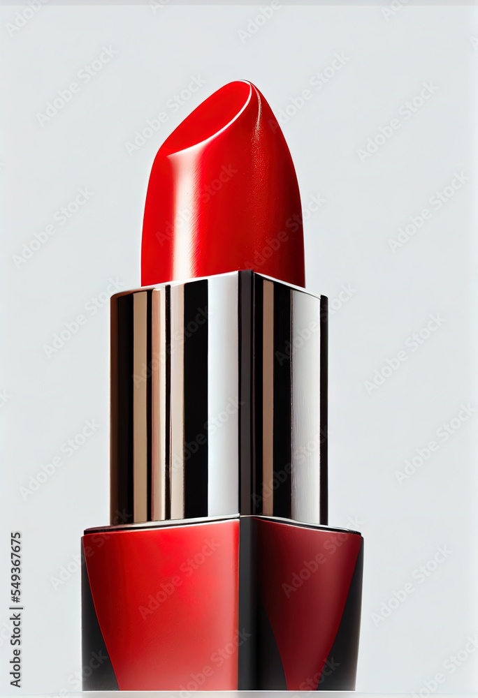 Poster a red lipstick with a silver cap on a white background with a reflection of the lipstick in the mirr
