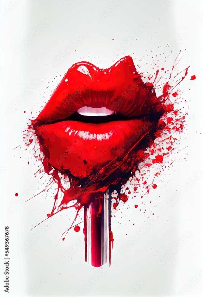 Poster a red lipstick with a dripping lip and a white background with a white background and a red lip with