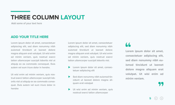 Three Columns, Section Layout For Brochure, Magazine, Flyer, Website, And Other Marketing Media Collateral. Editable Template Of A Presentation Slide, Meeting Agenda. Vector Template For Presentation