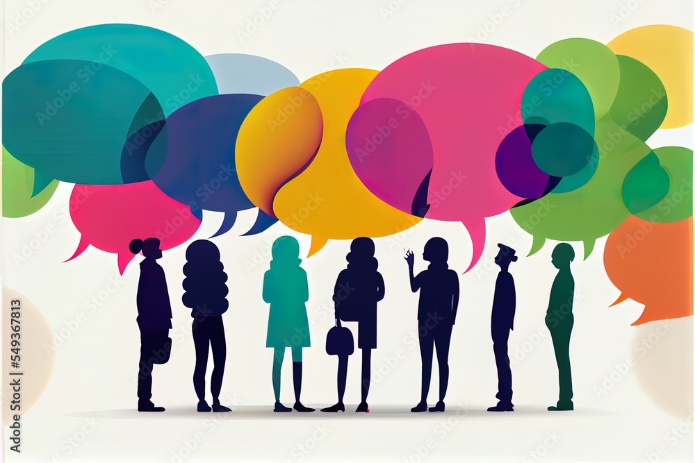 Poster a group of people standing in front of a group of speech bubbles with the words talk on them in diff