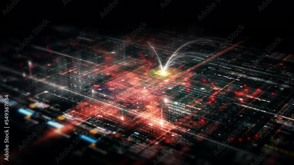 Aufkleber Futuristic abstract de-focus flowing data matrix, meta, metaverse, telemetry and encrypt numbers display with particles simulation in cyber space environment for head up display background