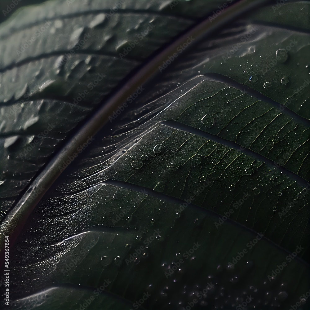Poster a close up of a green leaf with water drops on it's leaves surface and a red line in the center. gen