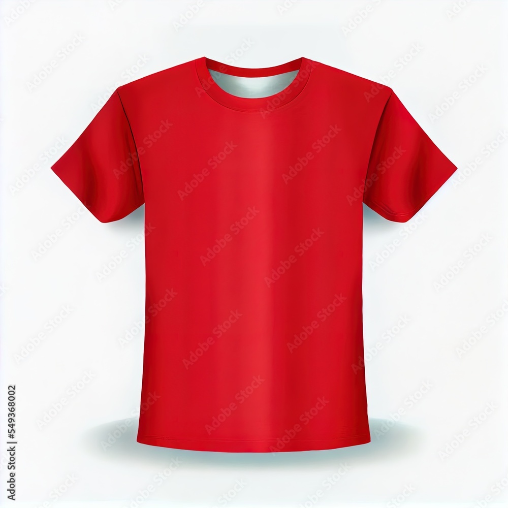 Poster a red t - shirt hanging on a wall with a white background and a shadow on the floor below. generativ