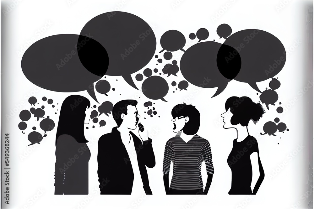 Poster a group of people talking with speech bubbles above them on a white background with a black and whit