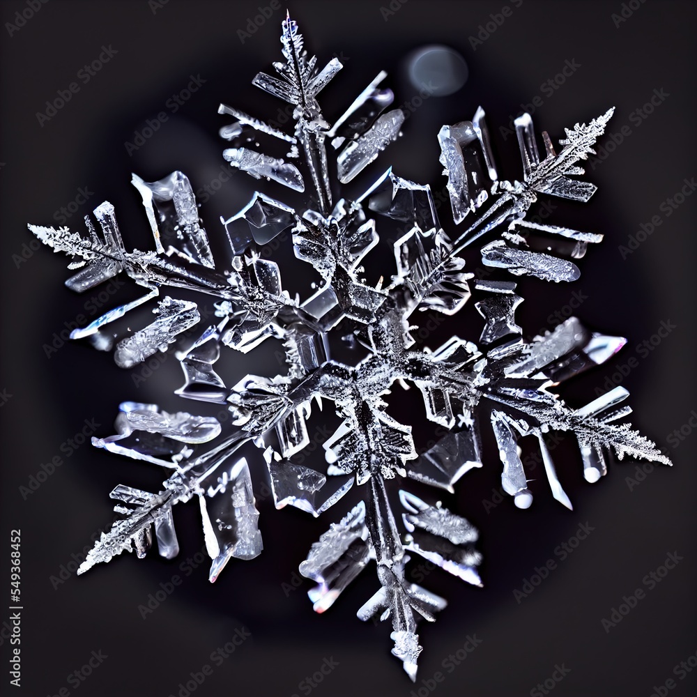 Poster a snowflake is shown in the dark with a black background and a white background with a black border.