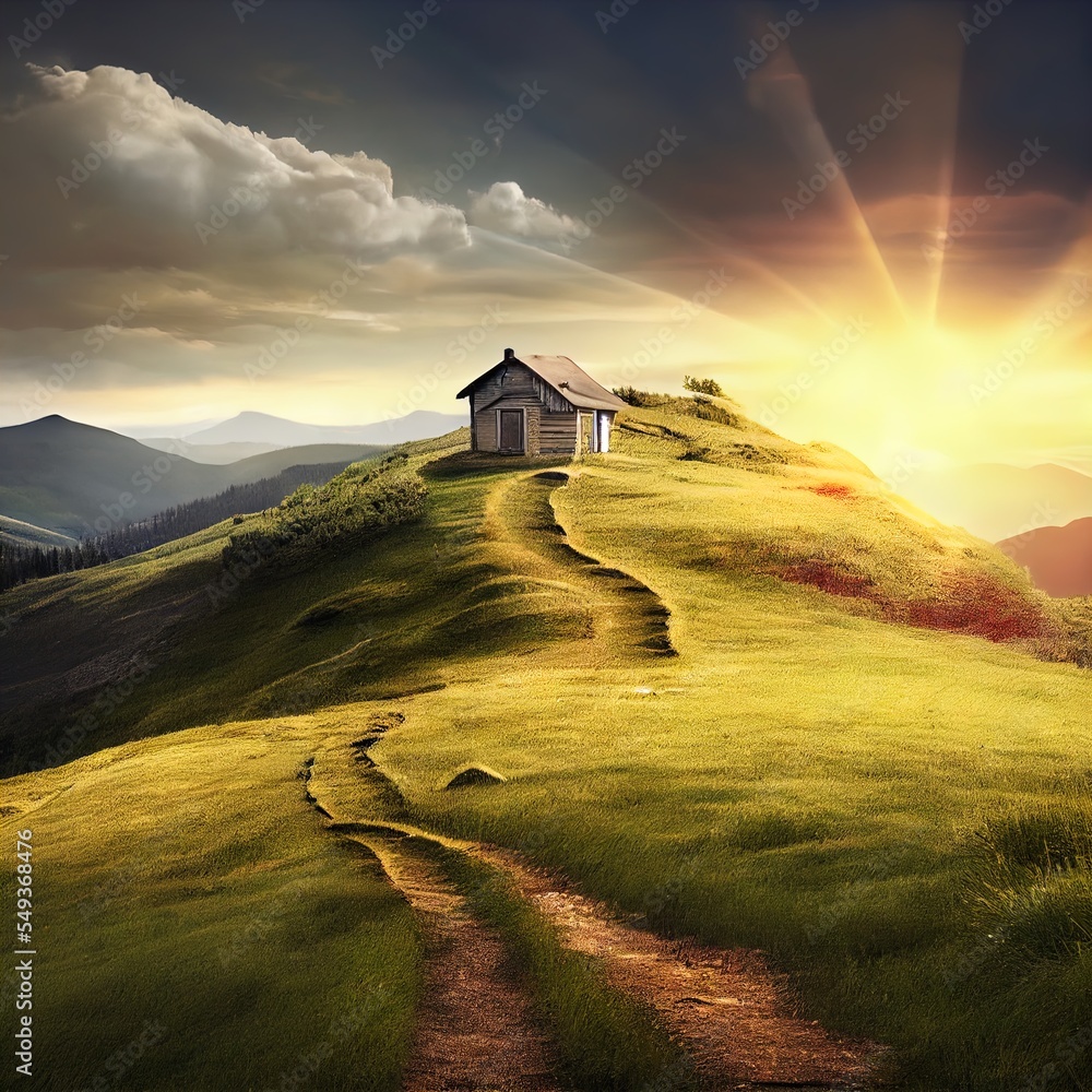 Poster a house on a hill with a path leading to it and a sunset in the background with clouds and sun rays.