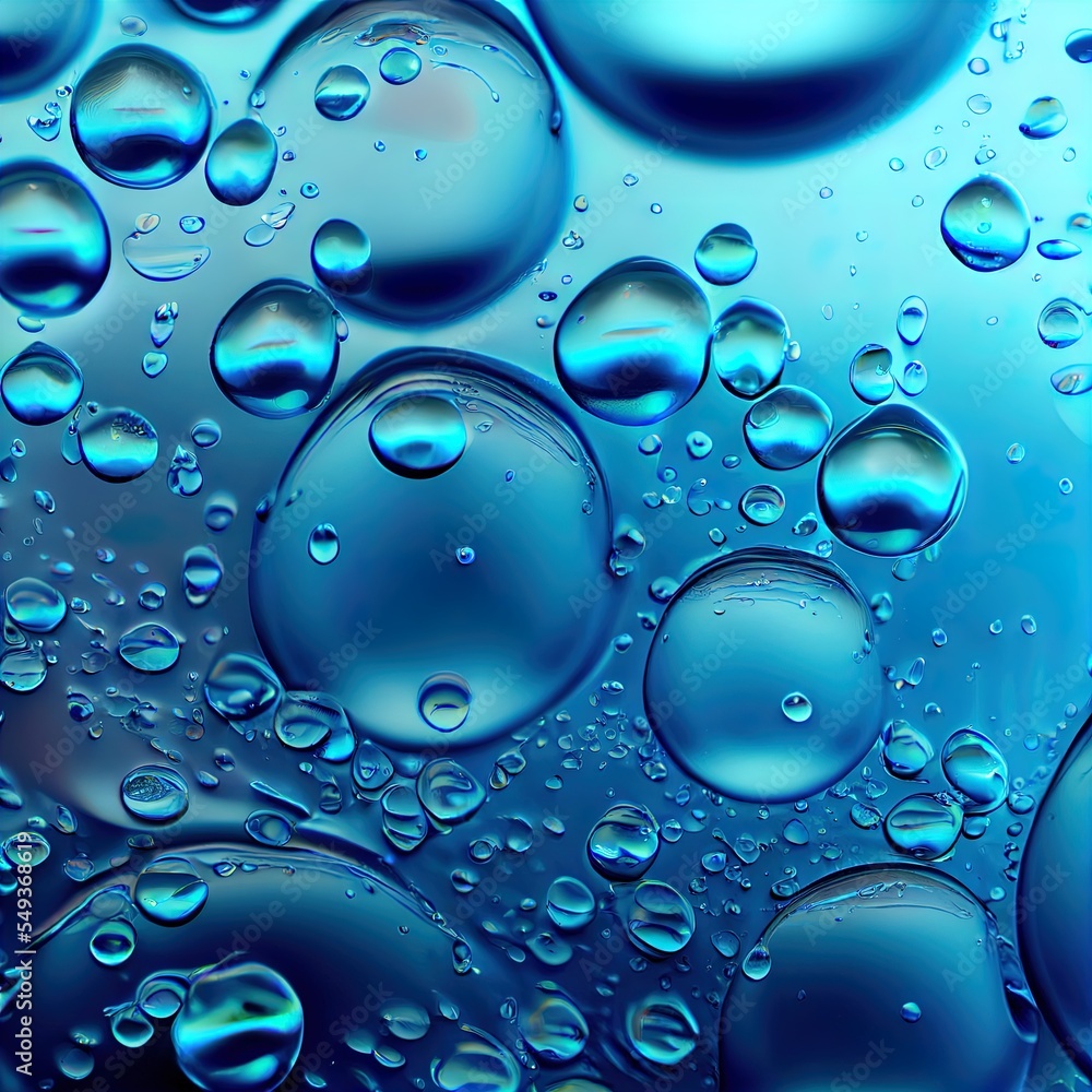 Poster a close up of a blue liquid with bubbles on it's surface and a blue background with a few other bubb