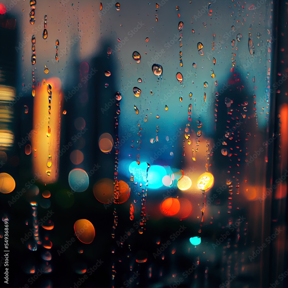 Poster a window with rain drops on it and a city in the background at night time with buildings and lights.