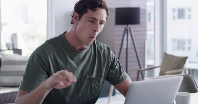 Home office, nutrition and man at laptop eating snack for wellness, health and focus with remote work. Hungry, protein bar and graphic designer with healthy mind, concentration and diet in Brazil.