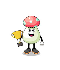 Cartoon mascot of mushroom holding a trophy