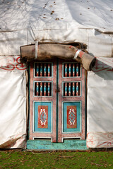 the door to the yurt, decorated with a national pattern, the house of Kazakh nomads