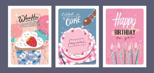 Set of lovely birthday cards design with cakes, balloons and candles.