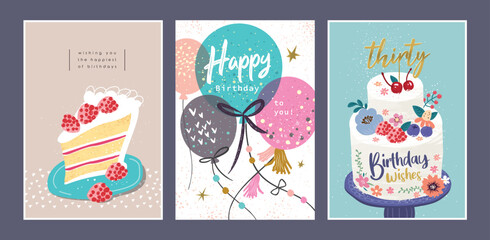 Set of lovely birthday cards design with cakes and balloons.