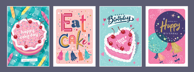 Set of lovely birthday cards design with cakes, balloons and party decorations. - obrazy, fototapety, plakaty