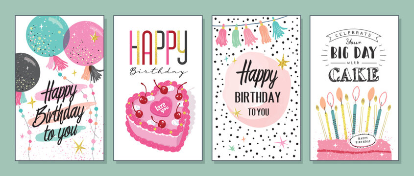 Set of lovely birthday cards design with cakes, balloons and party decorations.