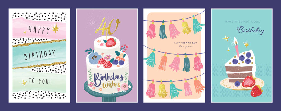 Set of lovely birthday cards design with cakes and party decorations.