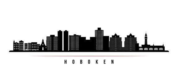 Hoboken skyline horizontal banner. Black and white silhouette of Hoboken, NJ. Vector template for your design.