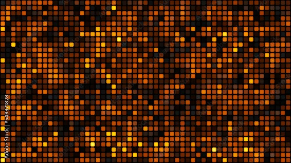 Poster orange floating cyber squares on black background loop. slow chaotic pixels mosaic seamless animatio