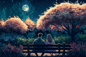 Moonlight Lovers on a Starry Spring Evening