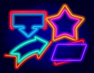 Set of neon color frames and arrows. Collection of abstract neon borders. Abstract background in vibrant colors with copy space. Stock vector futuristic design elements.