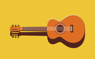 Vector illustration of a guitar on a yellow background. Minimalistic illustration in trendy colors. Musical concept. - obrazy, fototapety, plakaty
