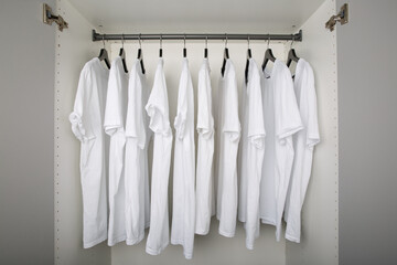 white t-shirts hang on a clothes rail in a white wardrobe. all t-shirts are the same color and size...