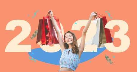 Young adult asian woman with shopping bags with 2023 happy new year lifestyle in collage...