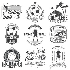 Fototapeta premium Vintage monochrome label, sticker, patch with basketball, volleyball, soccer players silhouettes. Vector illustration.