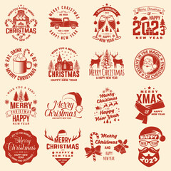 Set of Merry Christmas and 2023 Happy New Year stamp, sticker Set quotes with snowflakes, snowman, santa claus, candy, sweet candy, cookies. Vector Vintage typography design for xmas, new year emblem.