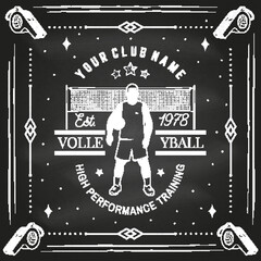 Obraz premium Volleyball club badge design on chalkboard. Vector illustration. For college league sport club emblem, sign, logo. Vintage monochrome label, sticker, patch with volleyball ball, player and net