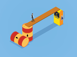 Energy transition isometric vector concept. Businessman walking from oil barrel to electricity energy.