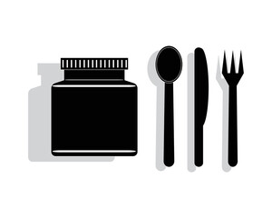 icon vector design of a container or jar filled with jam that is still covered and also has a spoon and fork and a bread knife beside it