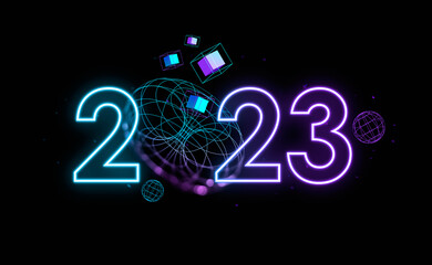 2023 year and data blocks with spheres in cyberspace, metaverse