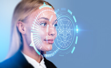 Businesswoman and biometric scanning, digital hologram with loading
