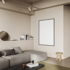 Modern living room interior with sofa and decoration, mockup frame