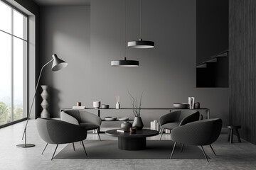 Grey living room interior with chairs and shelf with decor, panoramic window