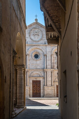view of the majestic Cathedral of Pienza, Tuscany,  It is a Roman Catholic cathedral dedicated to the Assumption of the Virgin Mary