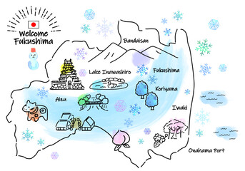 冬の福島県の観光地のシンプル線画イラストマップ