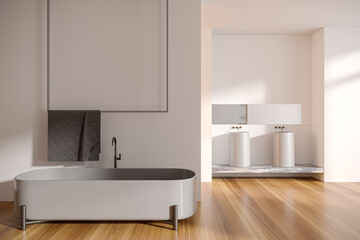 Fototapeta na wymiar Front view on bright bathroom interior with bathtub, white walls
