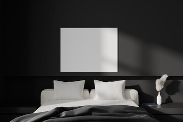 Black bedroom interior with bed and minimalist decoration. Mockup frame