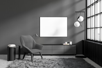 Front view on dark living room interior with empty poster