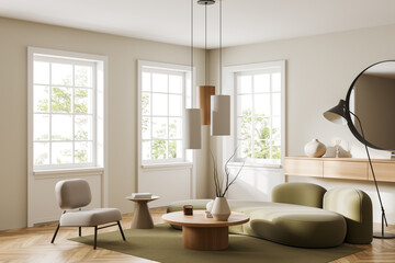 Corner view on bright living room interior with round mirror