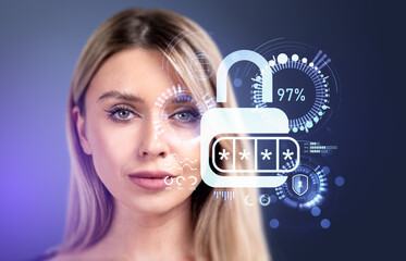 Businesswoman and padlock hud with password and big business dat