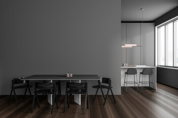 Grey kitchen interior with dining table and bar island, window. Mockup wall