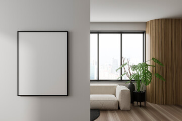 Stylish relaxing interior with couch and panoramic window. Mockup frame