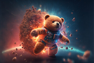 Space Teddy Bear escaping explosion, abstract - obrazy, fototapety, plakaty
