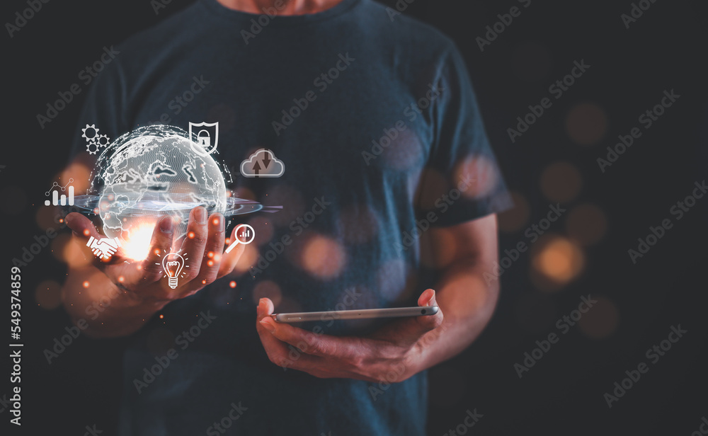 Poster businessman using mobile smart phone. business global internet connection application technology and