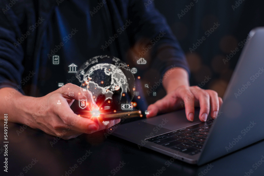 Poster businessman using mobile smart phone. business global internet connection application technology and