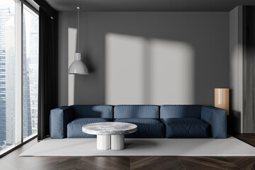 Grey chill room interior with couch and panoramic window. Mockup