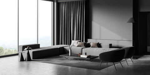 Corner view on dark living room interior with sofa, armchairs